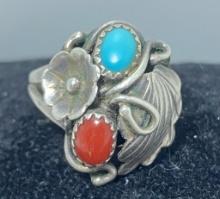 SIGNED AL LEE STERLING NAVAJO TURQUOISE CORAL RING