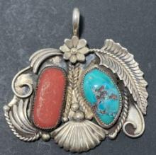 SIGNED TC NAVAJO STERLING CORAL TURQUOISE PENDANT