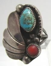 OLD PAWN RING STERLING SILVER TURQUOISE RED CORAL