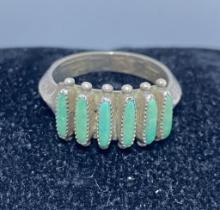 OLD PAWN ZUNI NEEDLEPOINT TURQUOISE STERLING RING