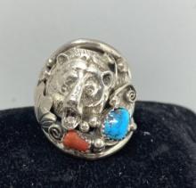 SIZE 12 NAVAJO STERLING BEAR CORAL TURQUOISE RING