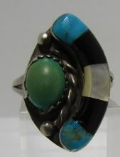 OLD PAWN TURQUOISE RING STERLING SILVER INLAY