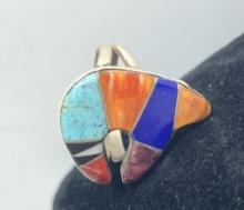 MULTICOLOR INLAID ZUNI STERLING BEAR RING