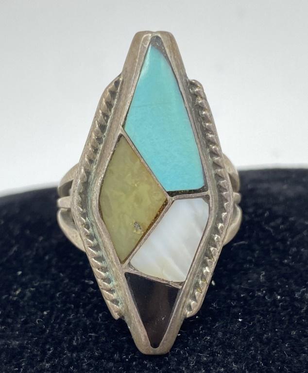 SIGNED JM STERLING ZUNI INLAY TURQUOISE RING