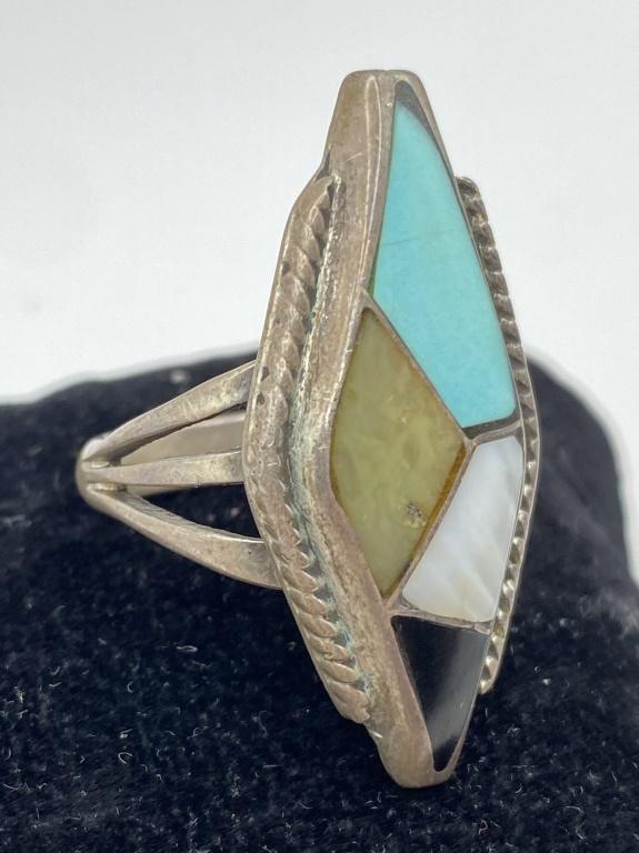 SIGNED JM STERLING ZUNI INLAY TURQUOISE RING