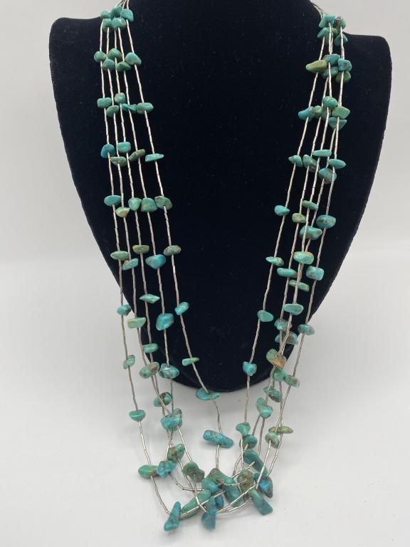 5 STRAND STERLING LIQUID SILVER TURQUOISE NECKLACE