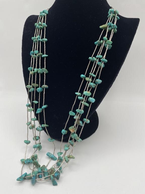 5 STRAND STERLING LIQUID SILVER TURQUOISE NECKLACE