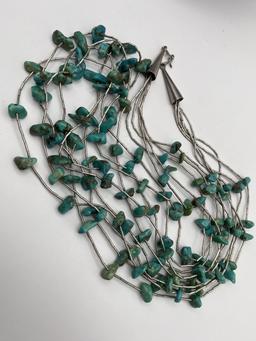 5 STRAND STERLING LIQUID SILVER TURQUOISE NECKLACE