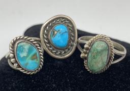 3 OLD PAWN STERLING TURQUOISE RINGS LOT NAVAJO