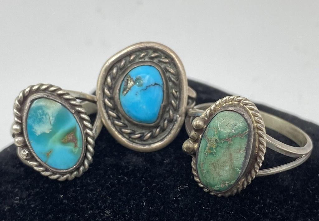 3 OLD PAWN STERLING TURQUOISE RINGS LOT NAVAJO