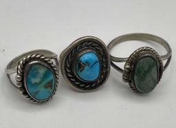 3 OLD PAWN STERLING TURQUOISE RINGS LOT NAVAJO