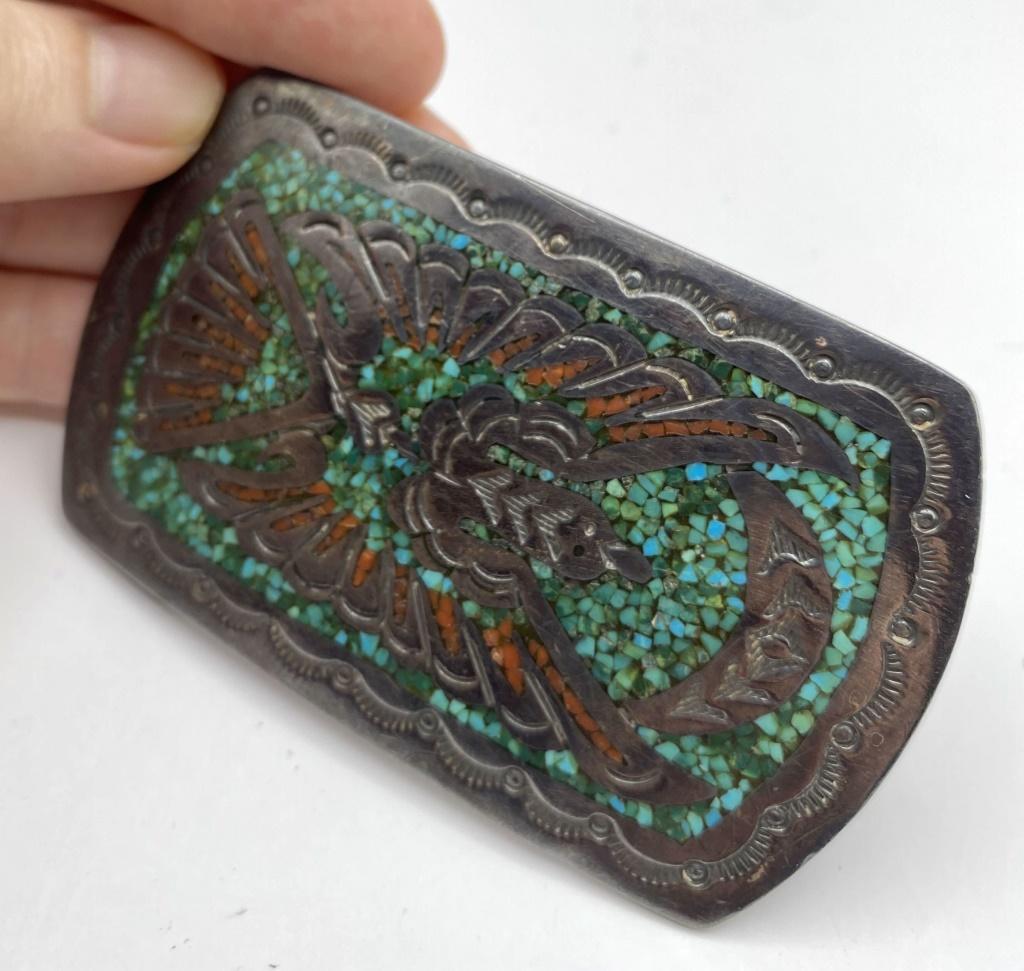 OLD SIGNED TURQUOISE BIRD STERLING BELT BUCKLE