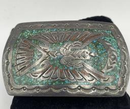 OLD SIGNED TURQUOISE BIRD STERLING BELT BUCKLE