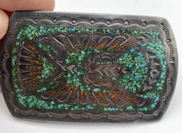 OLD SIGNED TURQUOISE BIRD STERLING BELT BUCKLE