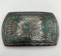 OLD SIGNED TURQUOISE BIRD STERLING BELT BUCKLE