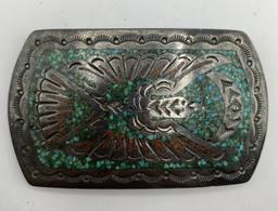 OLD SIGNED TURQUOISE BIRD STERLING BELT BUCKLE