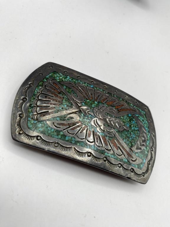 OLD SIGNED TURQUOISE BIRD STERLING BELT BUCKLE