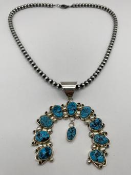 STERLING TURQUOISE NAVAJO SQUASH BLOSSOM NECKLACE