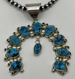 STERLING TURQUOISE NAVAJO SQUASH BLOSSOM NECKLACE