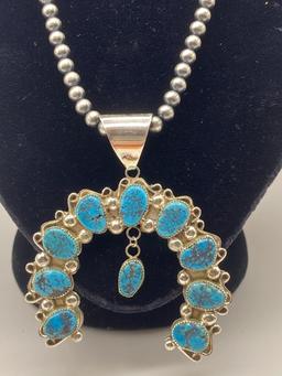 STERLING TURQUOISE NAVAJO SQUASH BLOSSOM NECKLACE