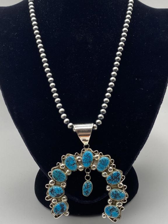 STERLING TURQUOISE NAVAJO SQUASH BLOSSOM NECKLACE