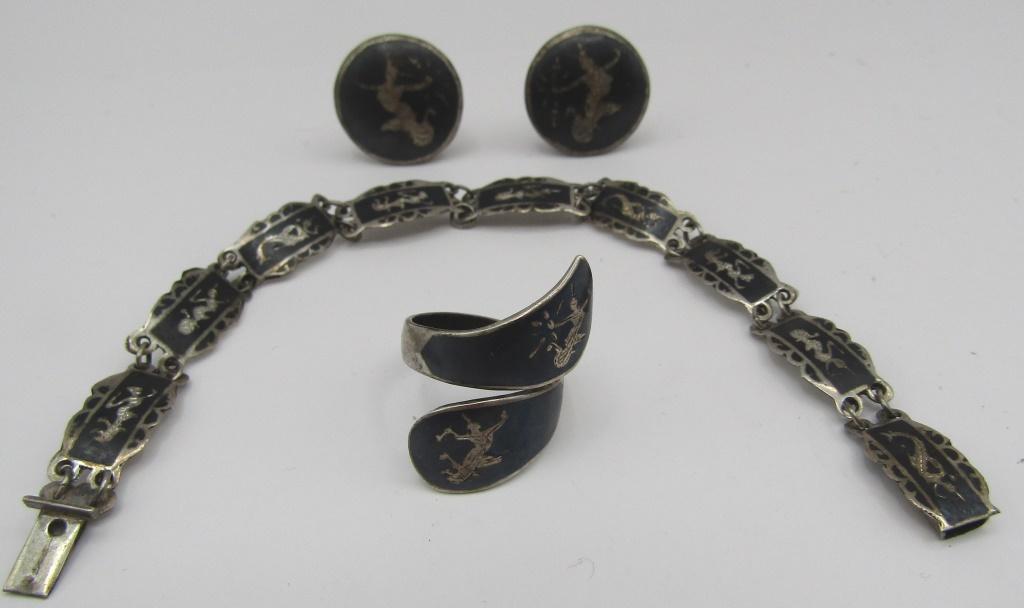 SIAM BRACELET RING & EARRINGS ALL STERLING SILVER