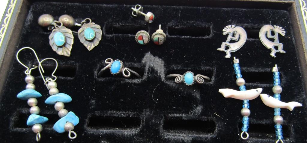 5 NATIVE EARRINGS 2 TURQUOISE RINGS STERLING SILVE