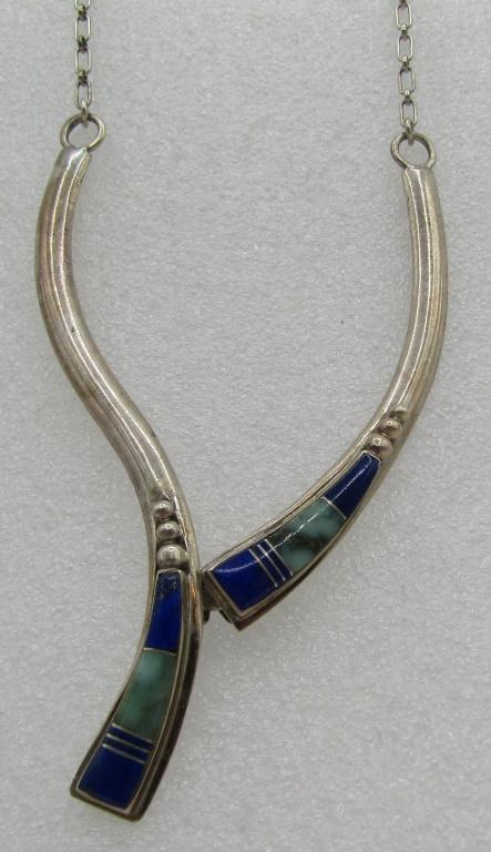 TURQUOISE & LAPIS INLAY NECKLACE STERLING SILVER