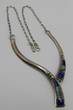 TURQUOISE & LAPIS INLAY NECKLACE STERLING SILVER