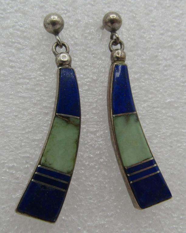 TURQUOISE & LAPIS INLAY EARRINGS STERLING SILVER