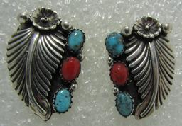 "GB" TURQUOISE CORAL EARRINGS STERLING SILVER