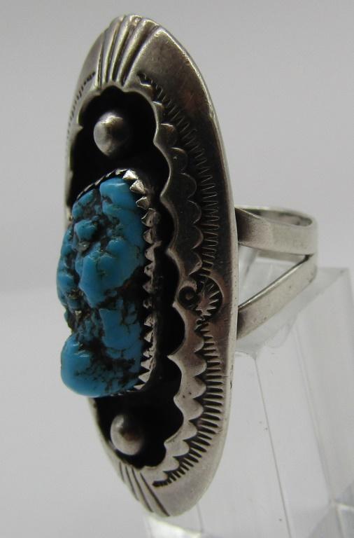 SIGNED "JN" TURQUOISE RING STERLING SILVER SIZE 9