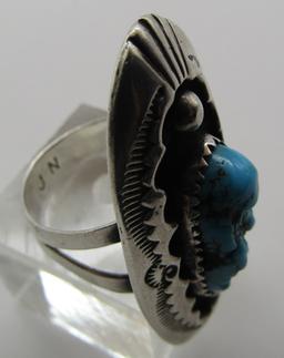 SIGNED "JN" TURQUOISE RING STERLING SILVER SIZE 9