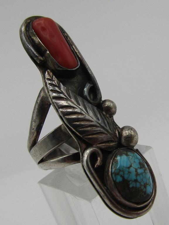 SPIDERWEB TURQUOISE & CORAL RING STERLING SILVER