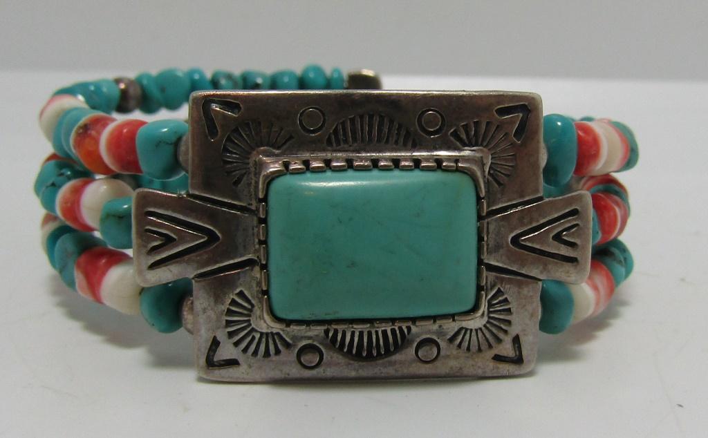 TURQUOISE & SPINY OYSTER SHELL BRACELET STERLING