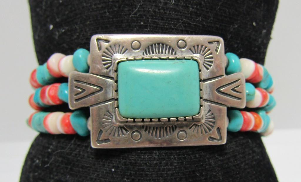 TURQUOISE & SPINY OYSTER SHELL BRACELET STERLING