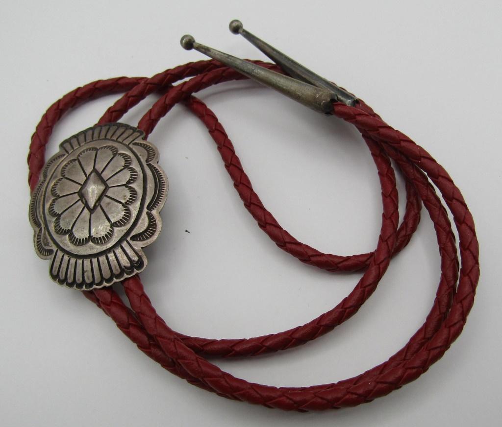CONCHO BOLO TIE NECKLACE STERLING SILVER & LEATHER
