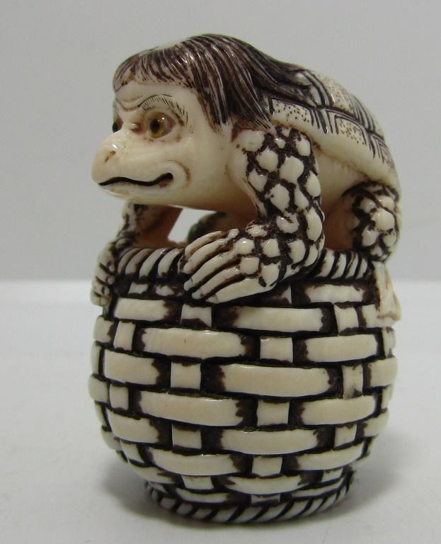 SIGNED CARVED NETSUKE TURTLE & BASKET FOSSIL