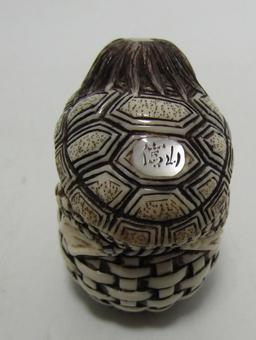 SIGNED CARVED NETSUKE TURTLE & BASKET FOSSIL