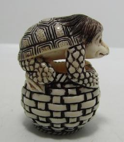 SIGNED CARVED NETSUKE TURTLE & BASKET FOSSIL