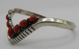 BEA TOM RED CORAL CUFF BRACELET STERLING SILVER