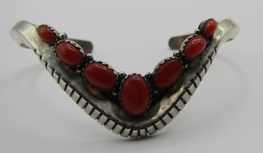 BEA TOM RED CORAL CUFF BRACELET STERLING SILVER