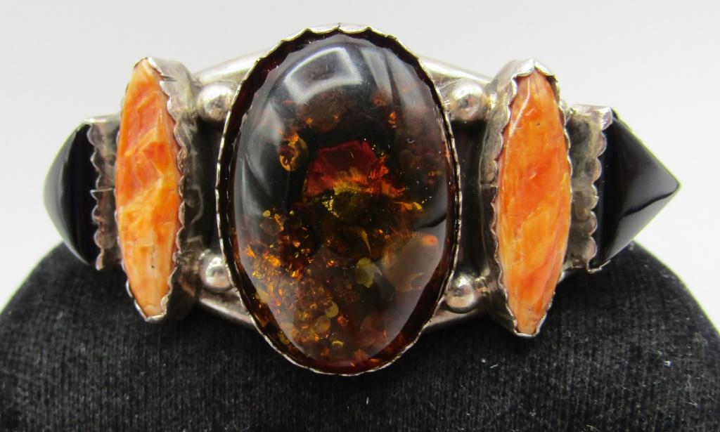 "JH" FOSSIL AMBER CUFF BRACELET STERLING SILVER