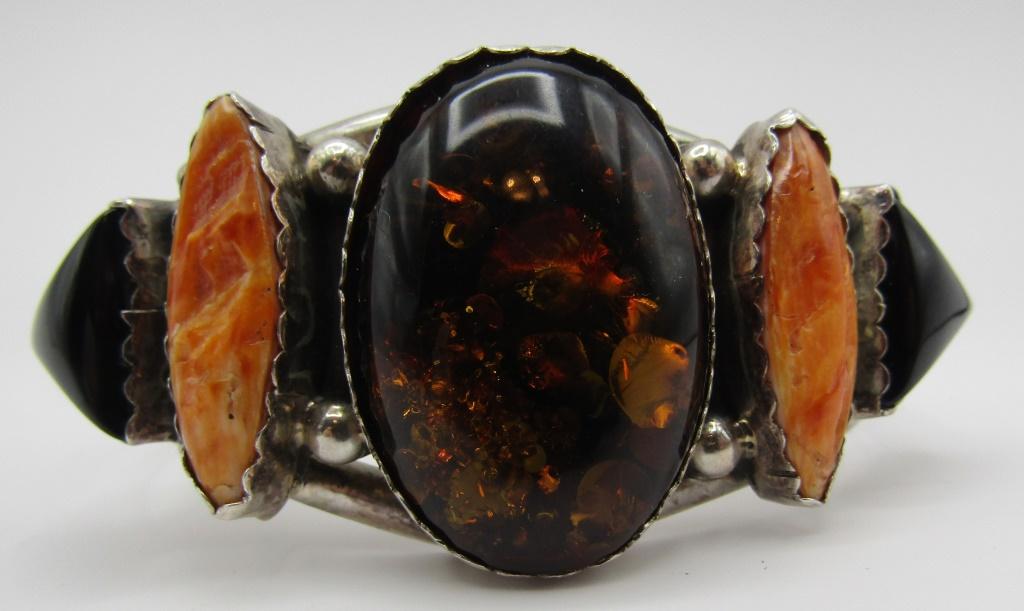 "JH" FOSSIL AMBER CUFF BRACELET STERLING SILVER