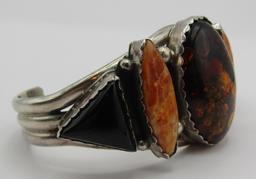 "JH" FOSSIL AMBER CUFF BRACELET STERLING SILVER