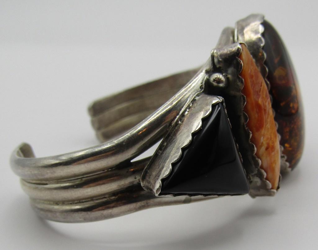 "JH" FOSSIL AMBER CUFF BRACELET STERLING SILVER