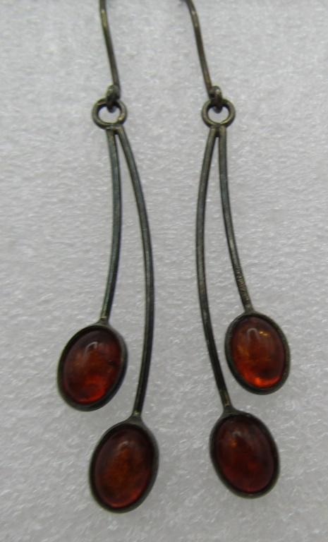 2.25" VINTAGE DROP AMBER EARRINGS STERLING SILVER