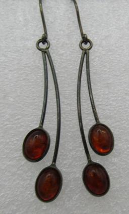 2.25" VINTAGE DROP AMBER EARRINGS STERLING SILVER