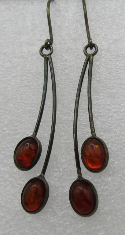 2.25" VINTAGE DROP AMBER EARRINGS STERLING SILVER