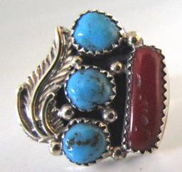 "D" TURQUOISE CORAL RING STERLING SILVER SIZE 9